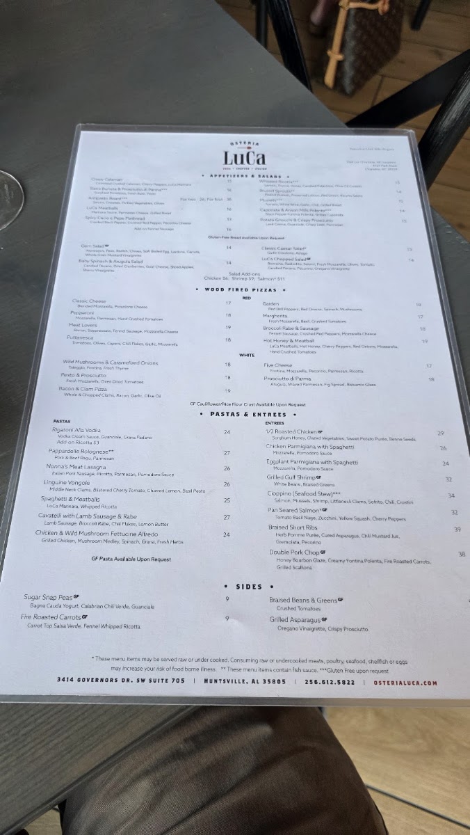 Osteria LuCa menu board