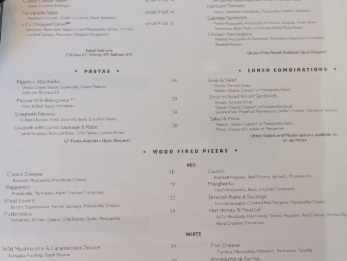 Osteria LuCa menu board