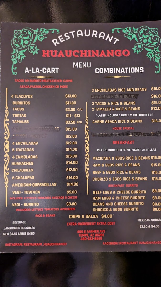 Restaurant Huauchinango menu board