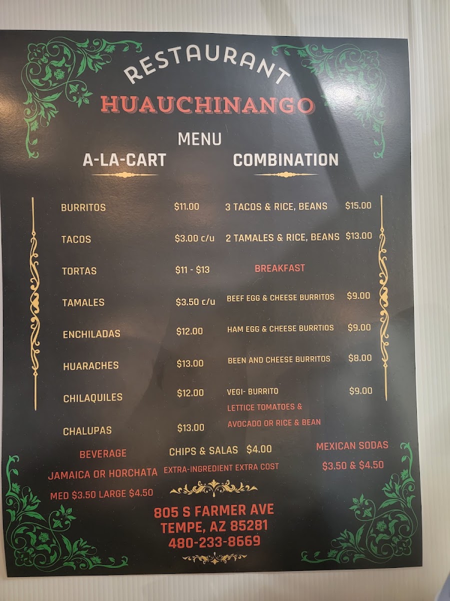 Restaurant Huauchinango menu board
