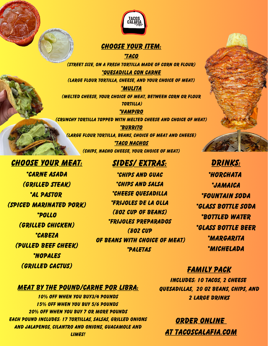 Tacos Calafia menu board