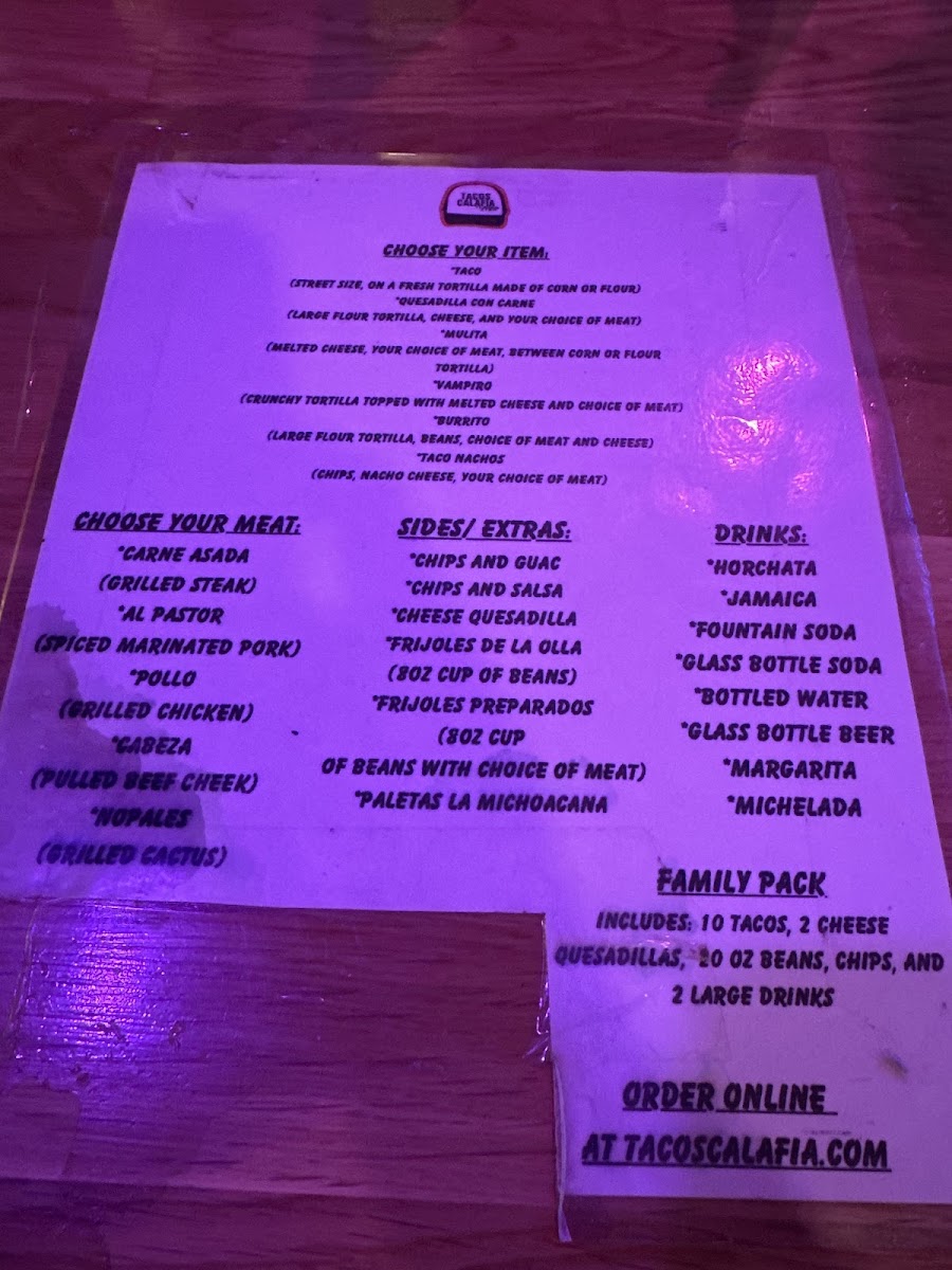 Tacos Calafia menu board