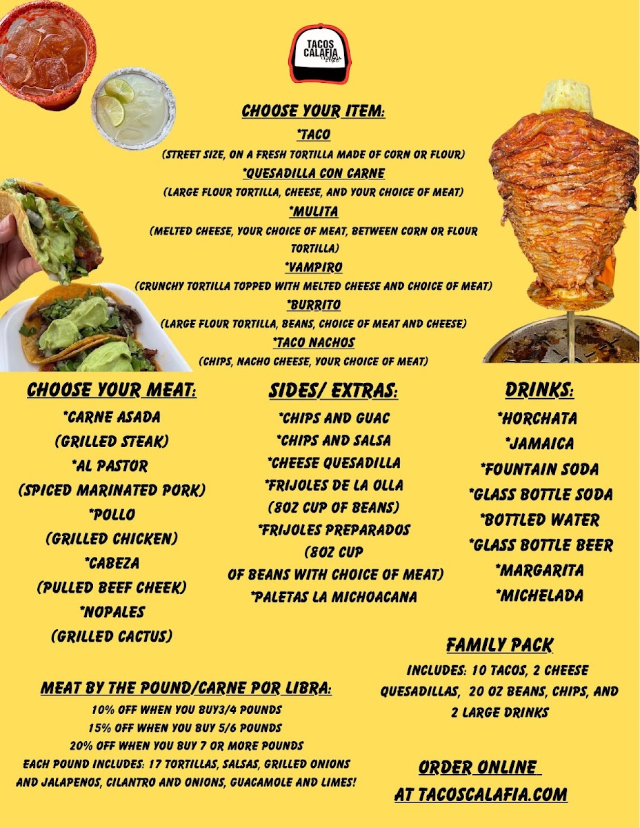 Tacos Calafia menu board