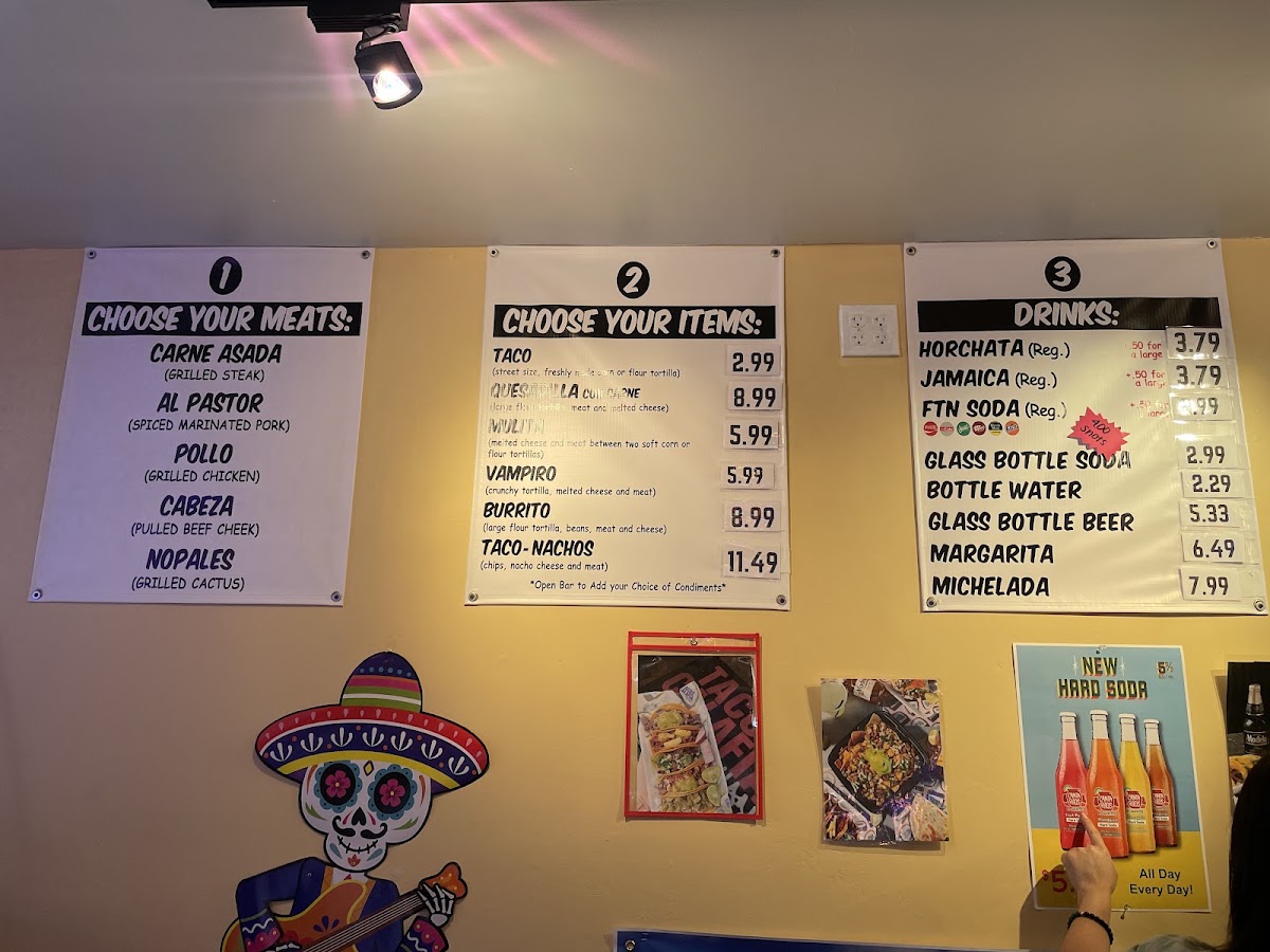 Tacos Calafia menu board
