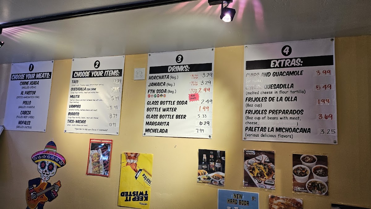Tacos Calafia menu board