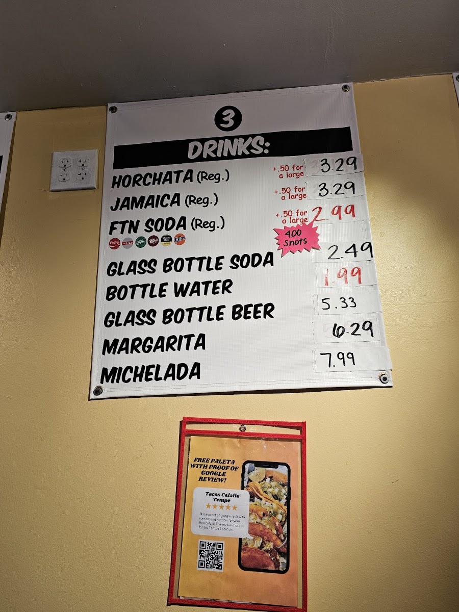 Tacos Calafia menu board