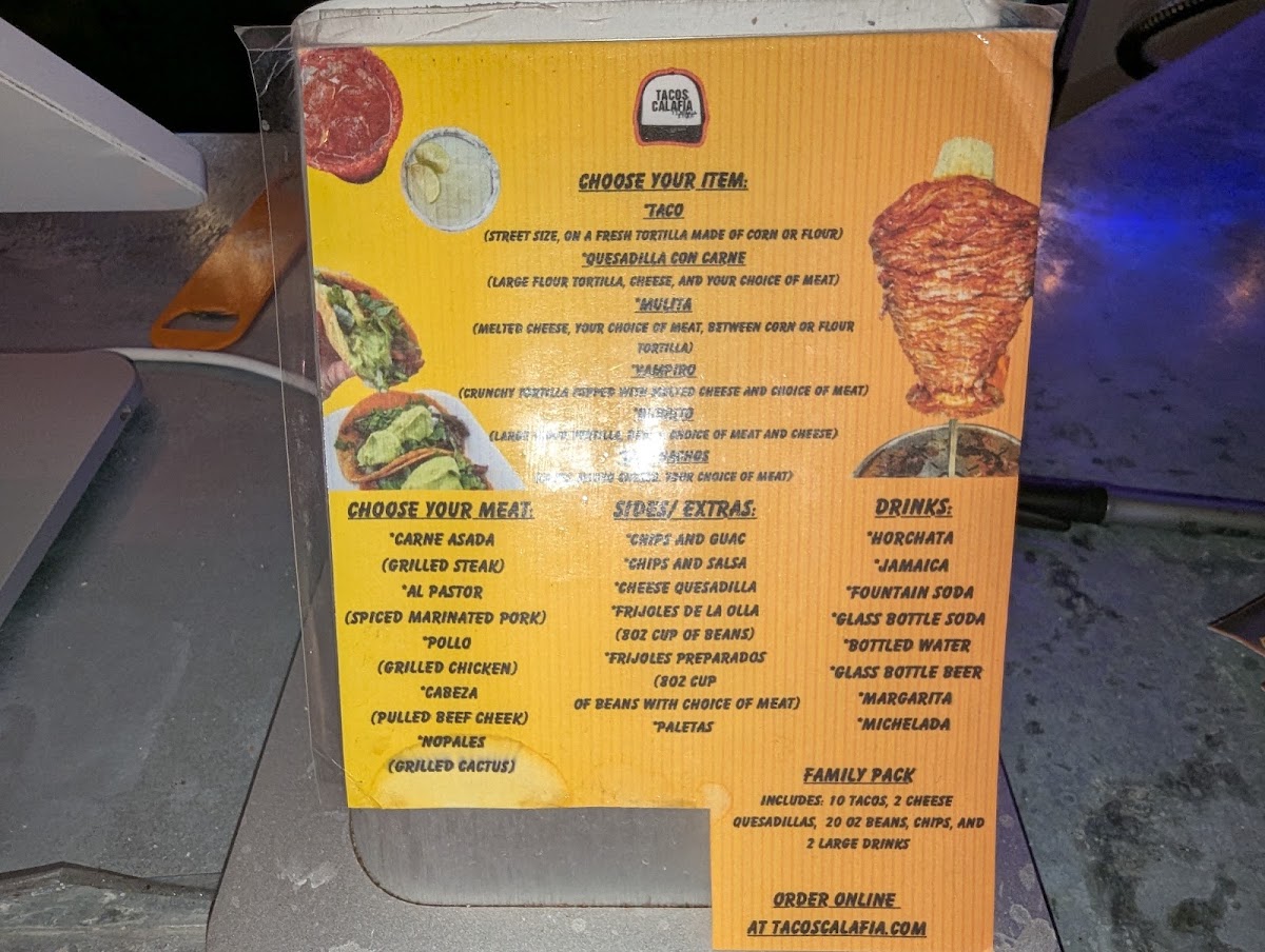 Tacos Calafia menu board