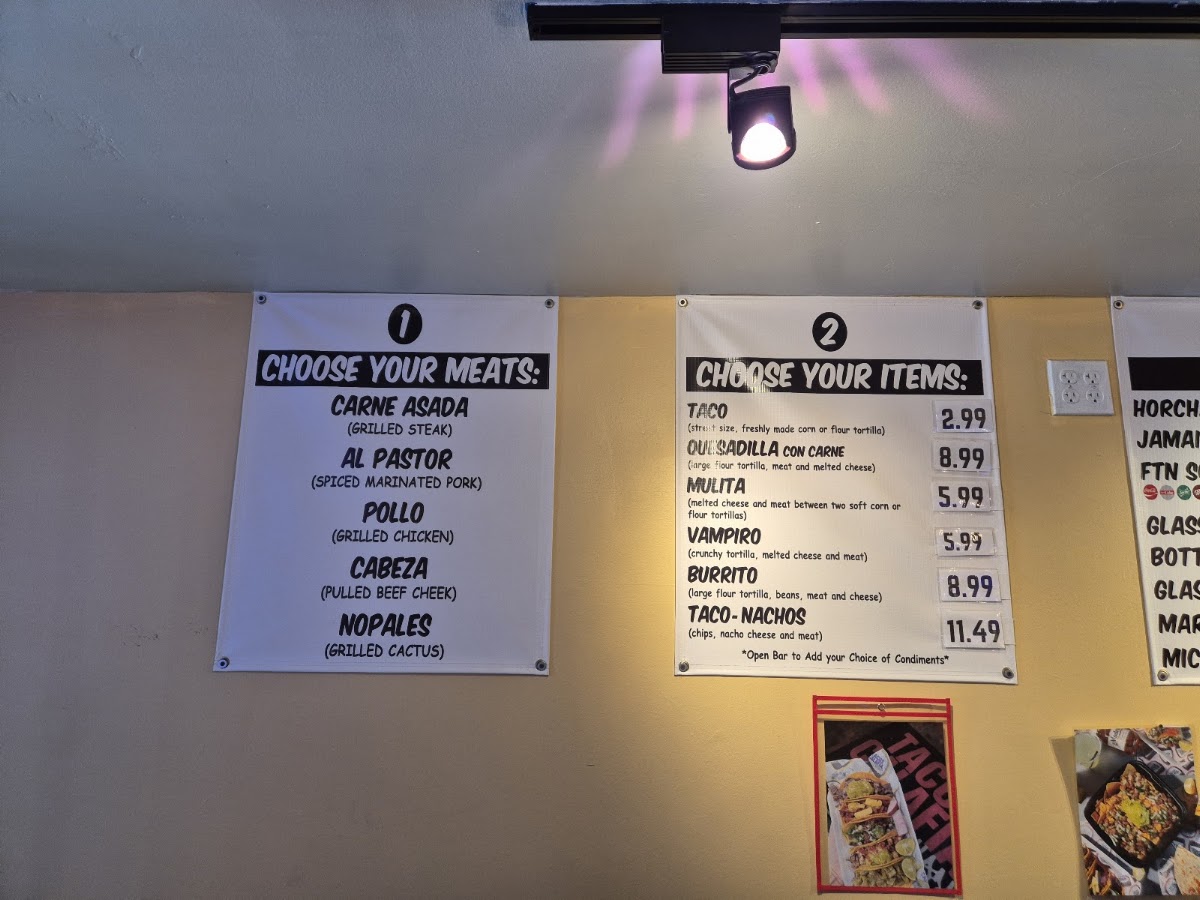 Tacos Calafia menu board