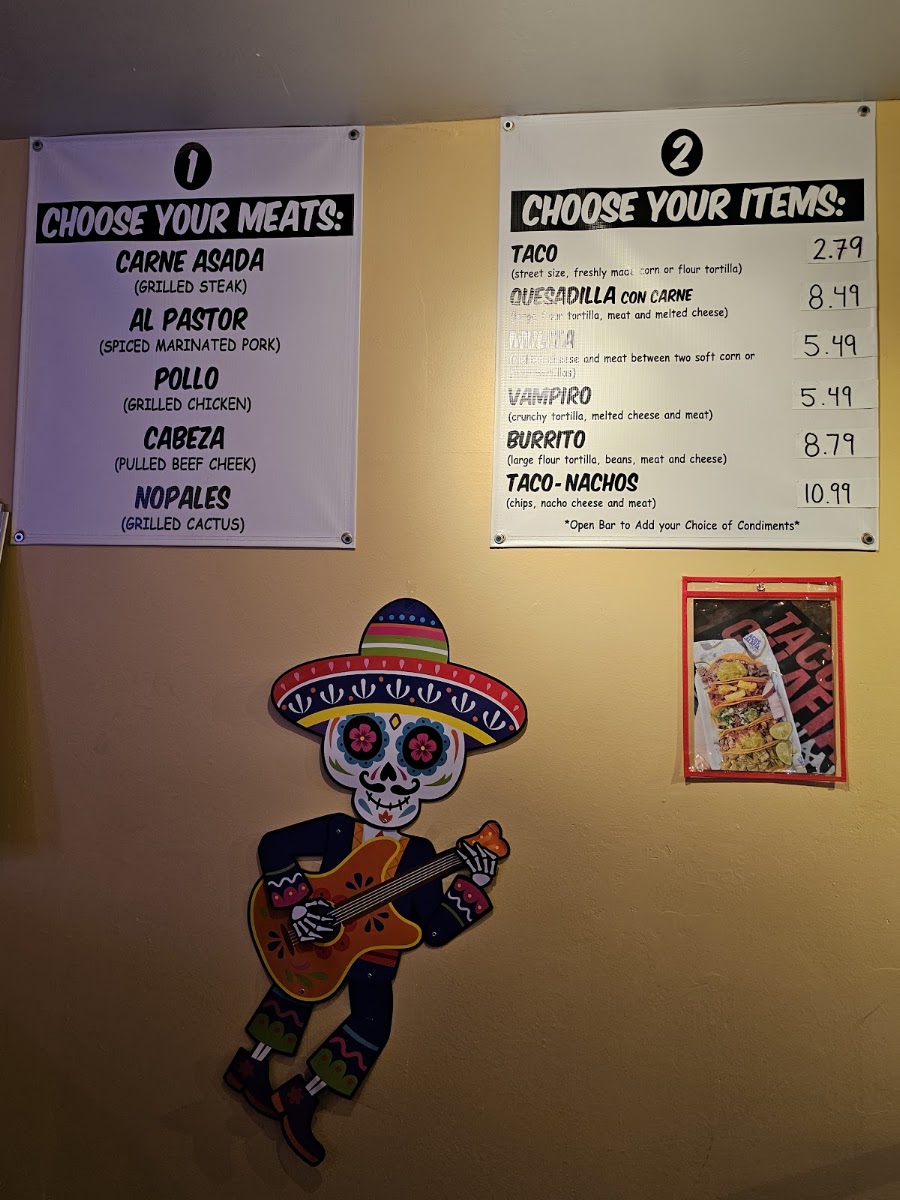 Tacos Calafia menu board