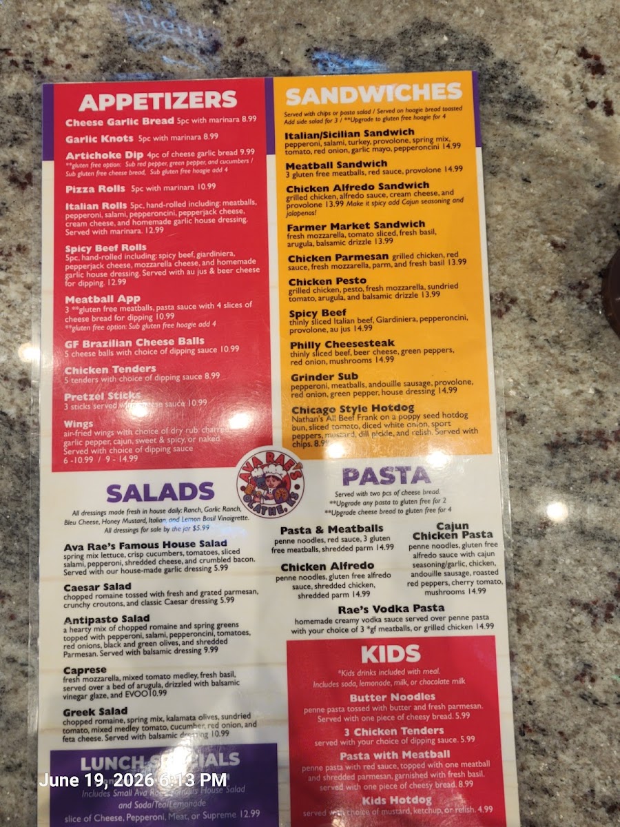 Ava Rae's Pizzeria & Pub menu board