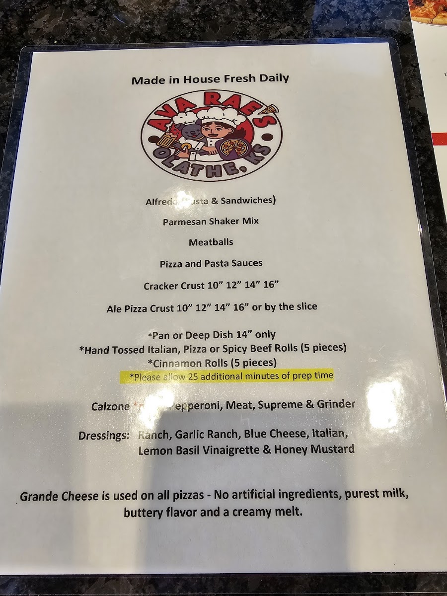Ava Rae's Pizzeria & Pub menu board