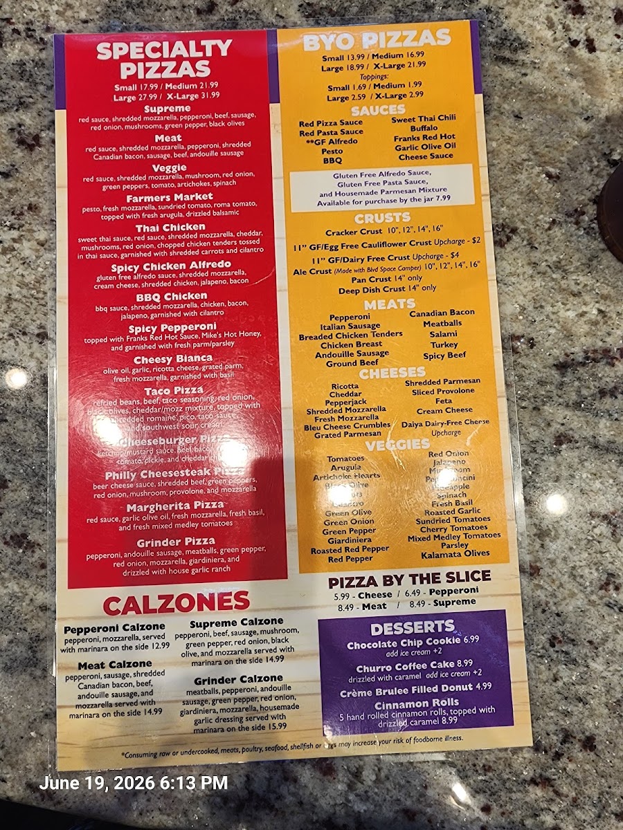 Ava Rae's Pizzeria & Pub menu board