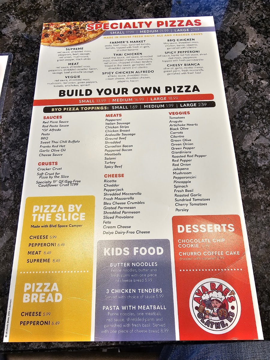 Ava Rae's Pizzeria & Pub menu board