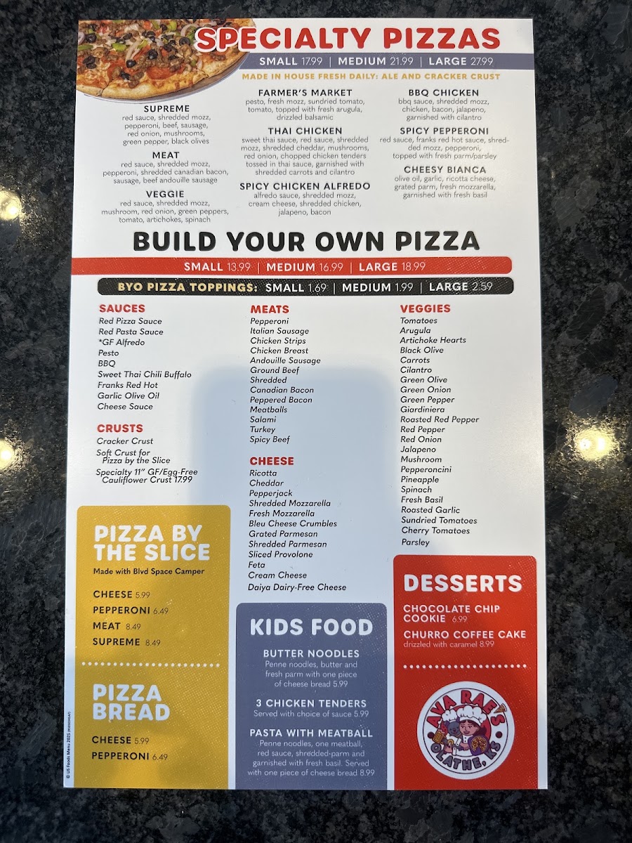 Ava Rae's Pizzeria & Pub menu board