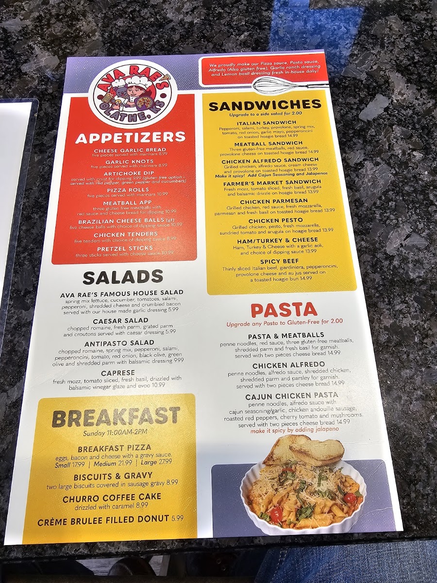 Ava Rae's Pizzeria & Pub menu board
