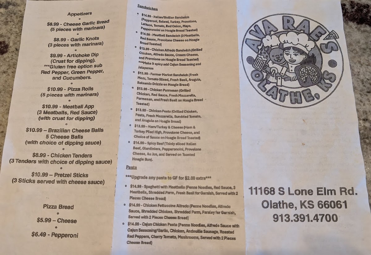 Ava Rae's Pizzeria & Pub menu board