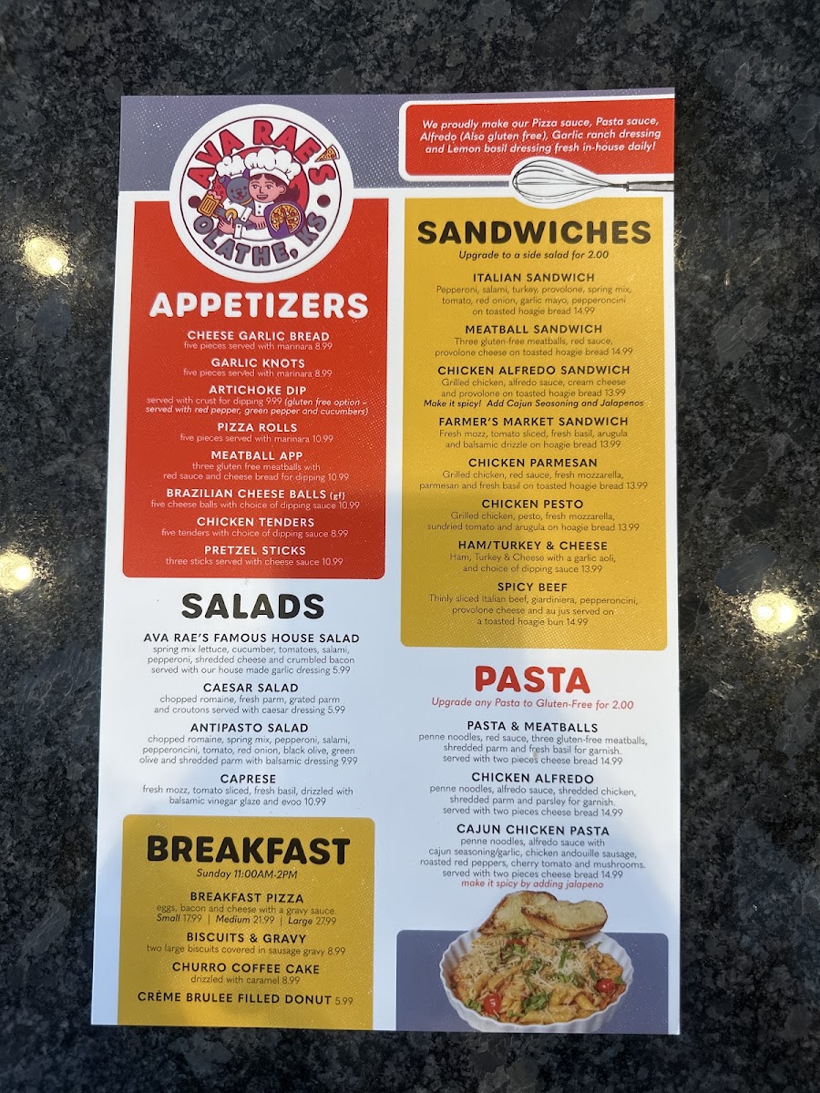 Ava Rae's Pizzeria & Pub menu board