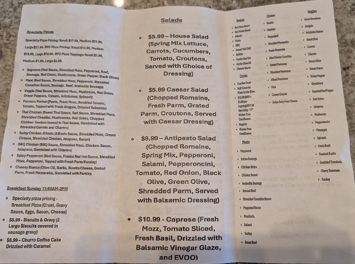Ava Rae's Pizzeria & Pub menu board