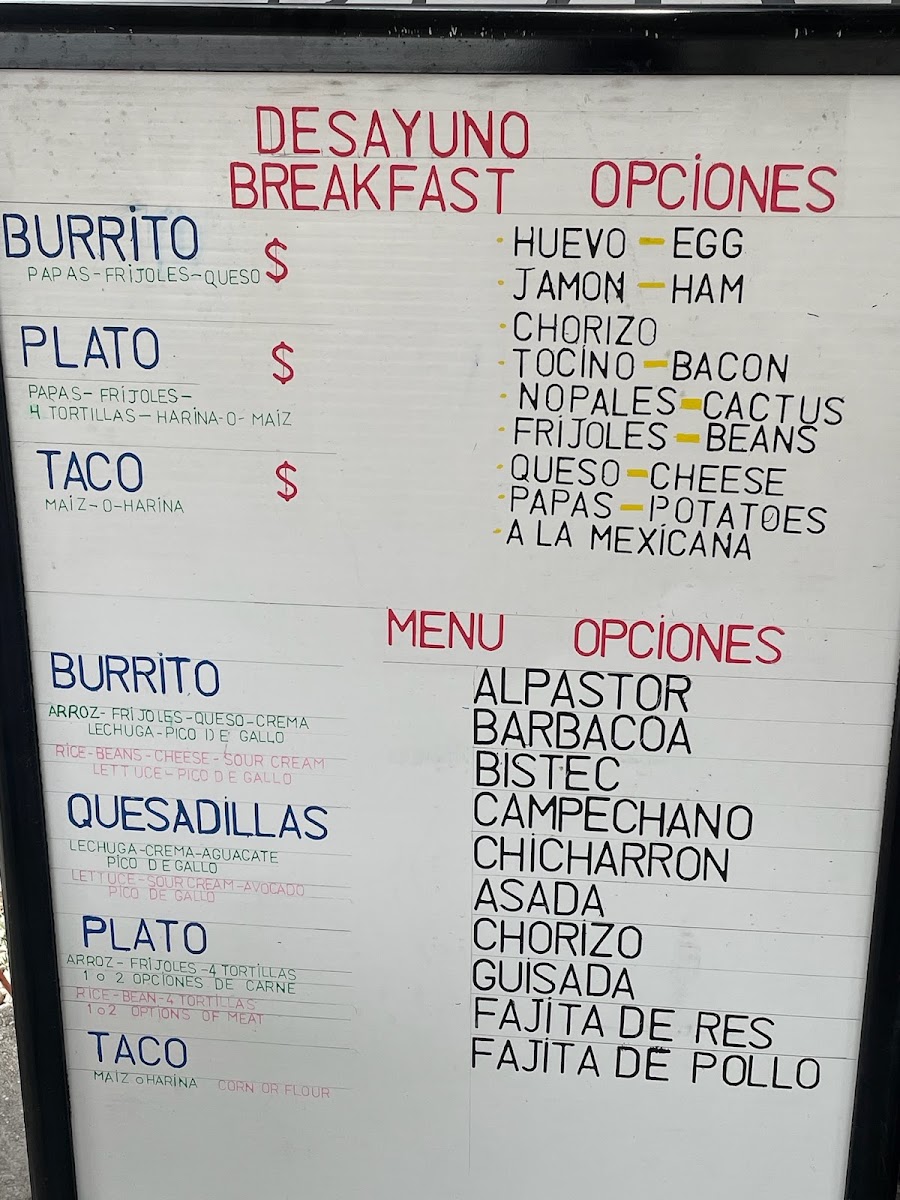 Taqueria El Sazon De Mamá menu board