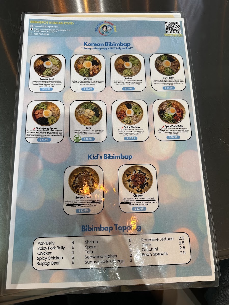 BibimSpot Korean Food menu board