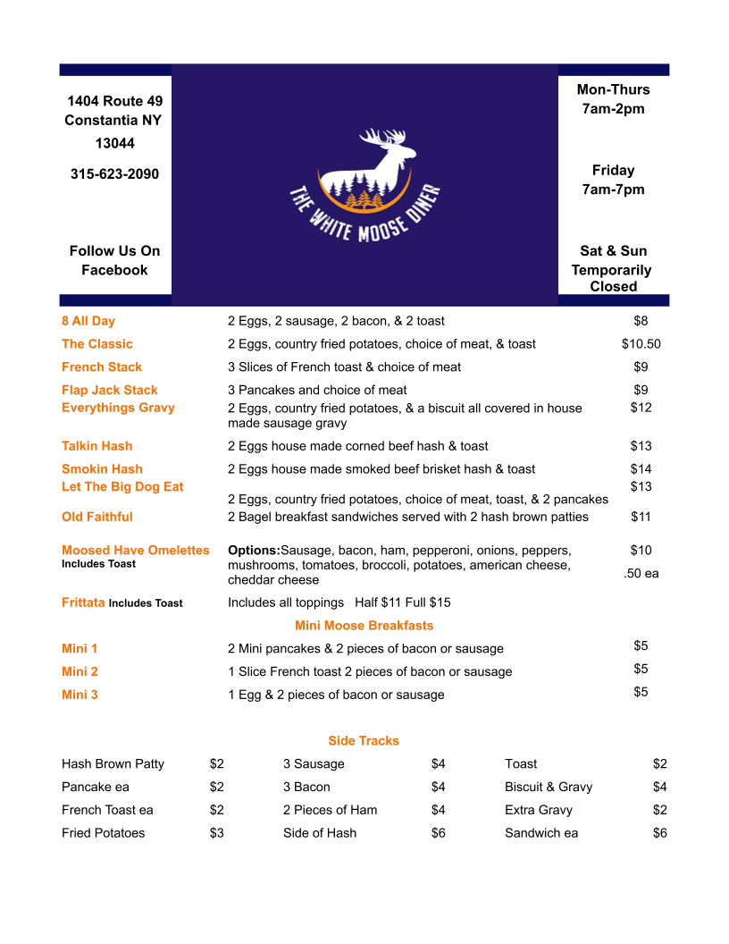 The White Moose Diner menu board