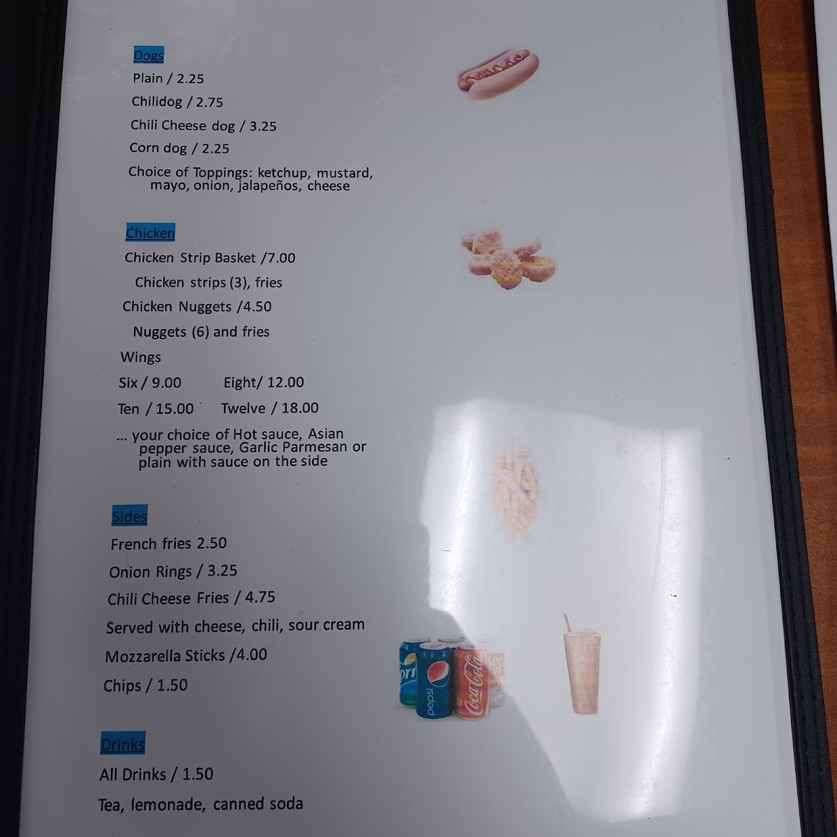 Punky's menu board