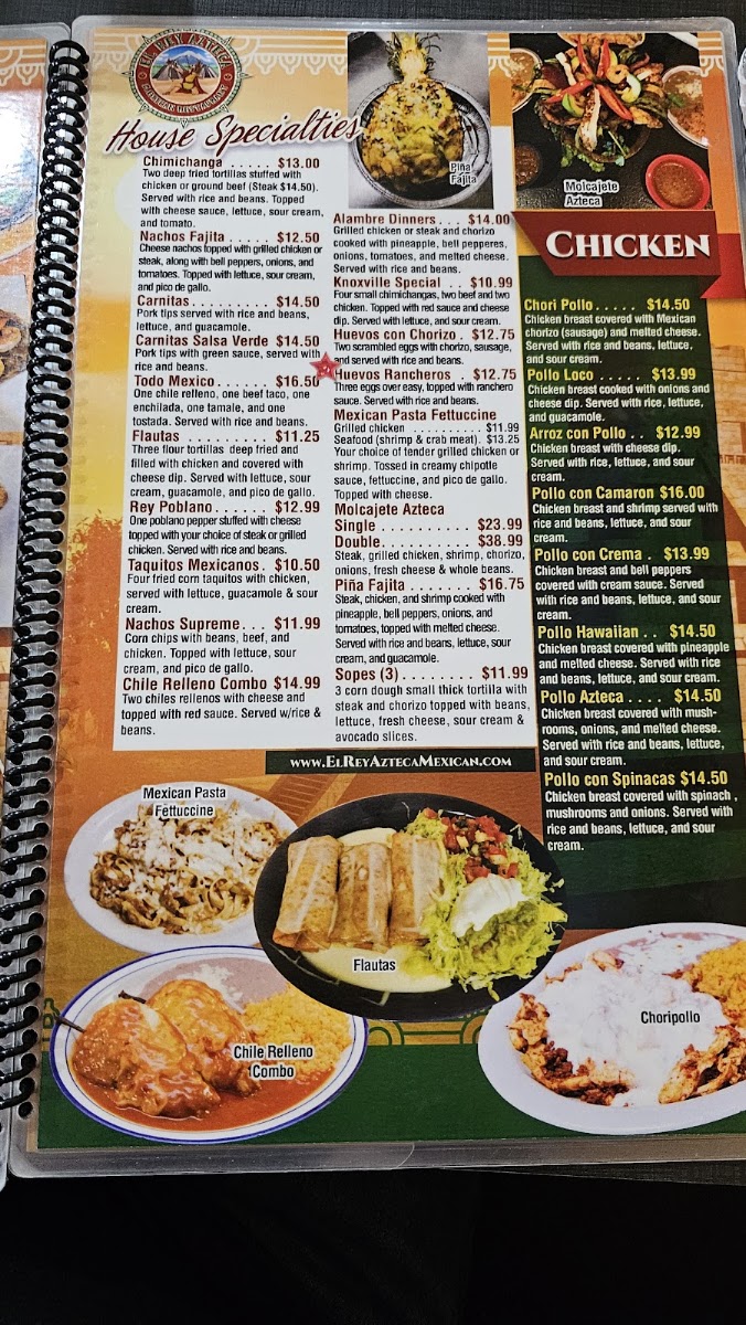 El Rey Azteca Mexican Restaurant menu board