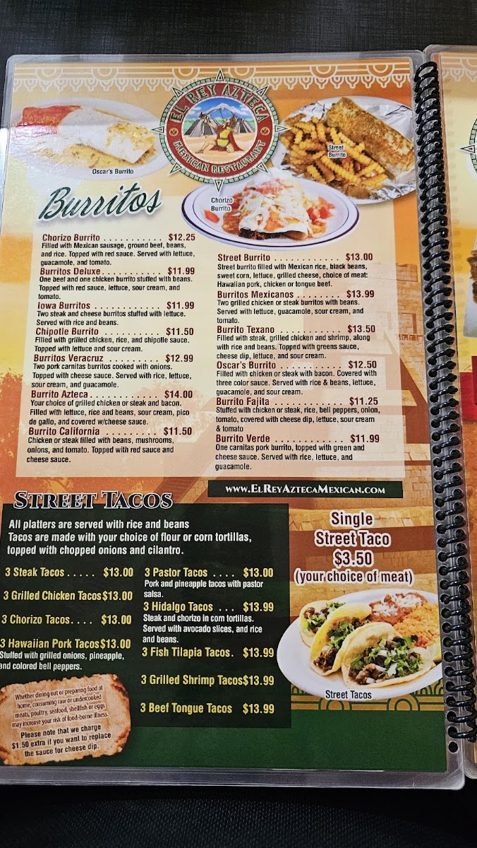 El Rey Azteca Mexican Restaurant menu board