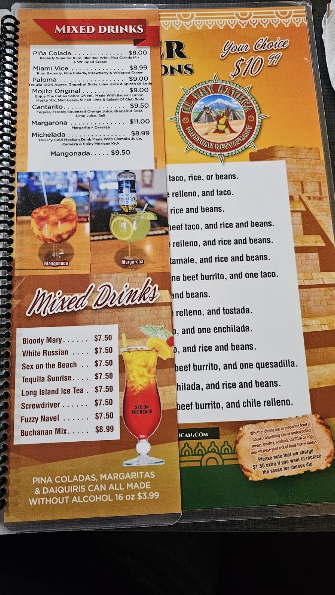 El Rey Azteca Mexican Restaurant menu board