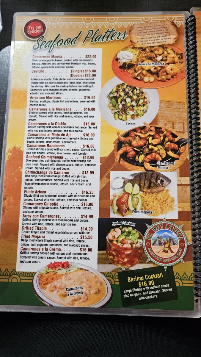 El Rey Azteca Mexican Restaurant menu board