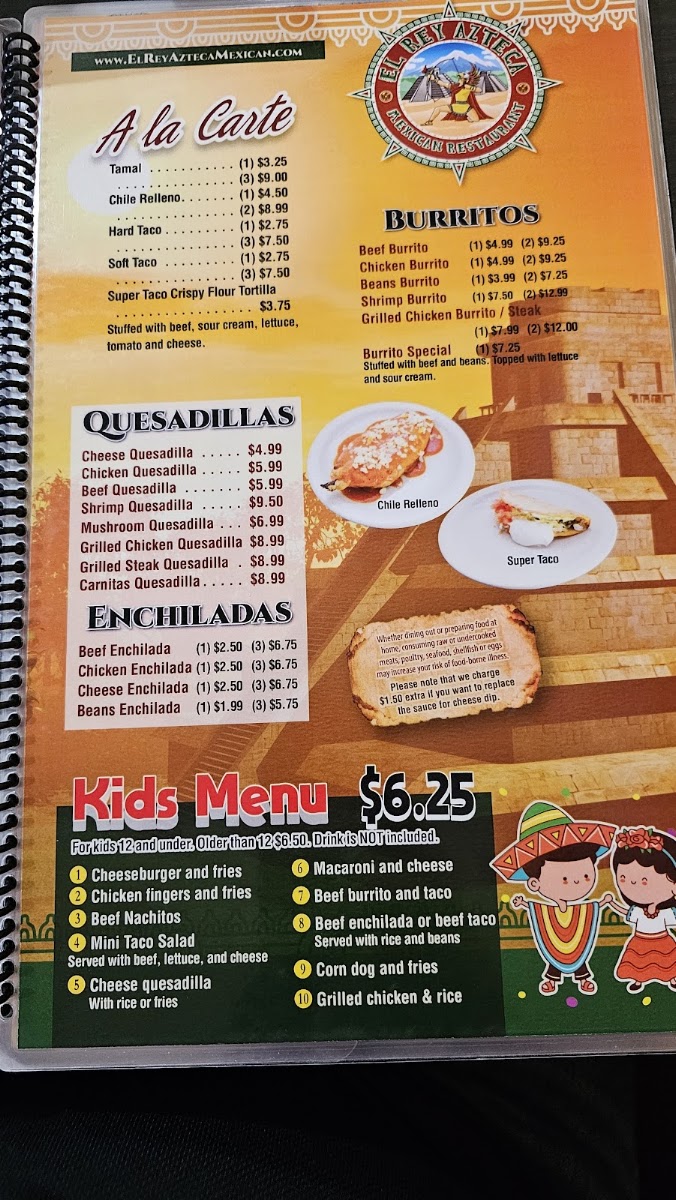 El Rey Azteca Mexican Restaurant menu board