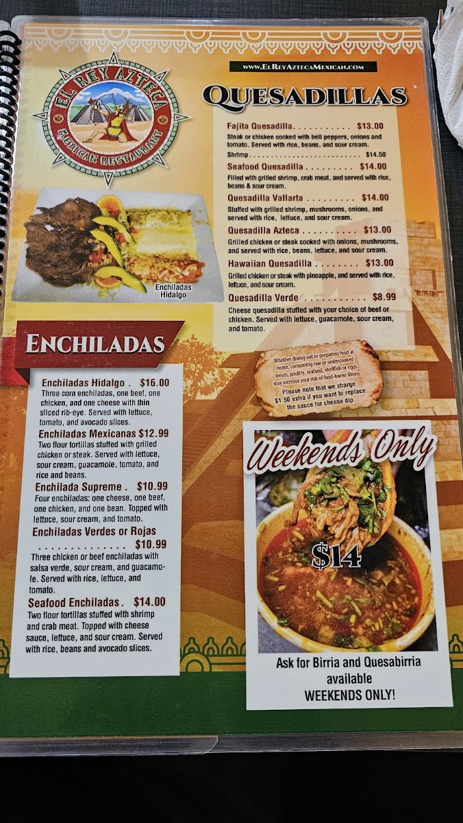 El Rey Azteca Mexican Restaurant menu board