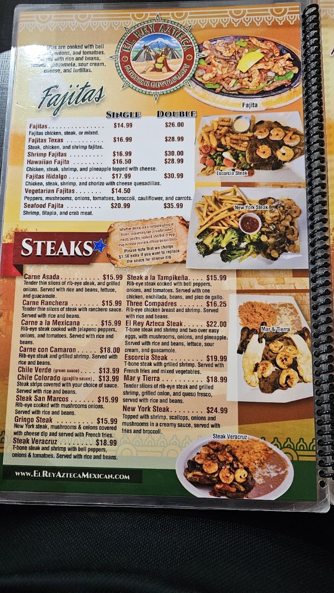 El Rey Azteca Mexican Restaurant menu board