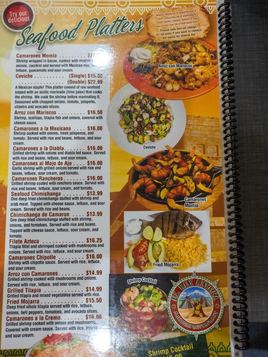 El Rey Azteca Mexican Restaurant menu board