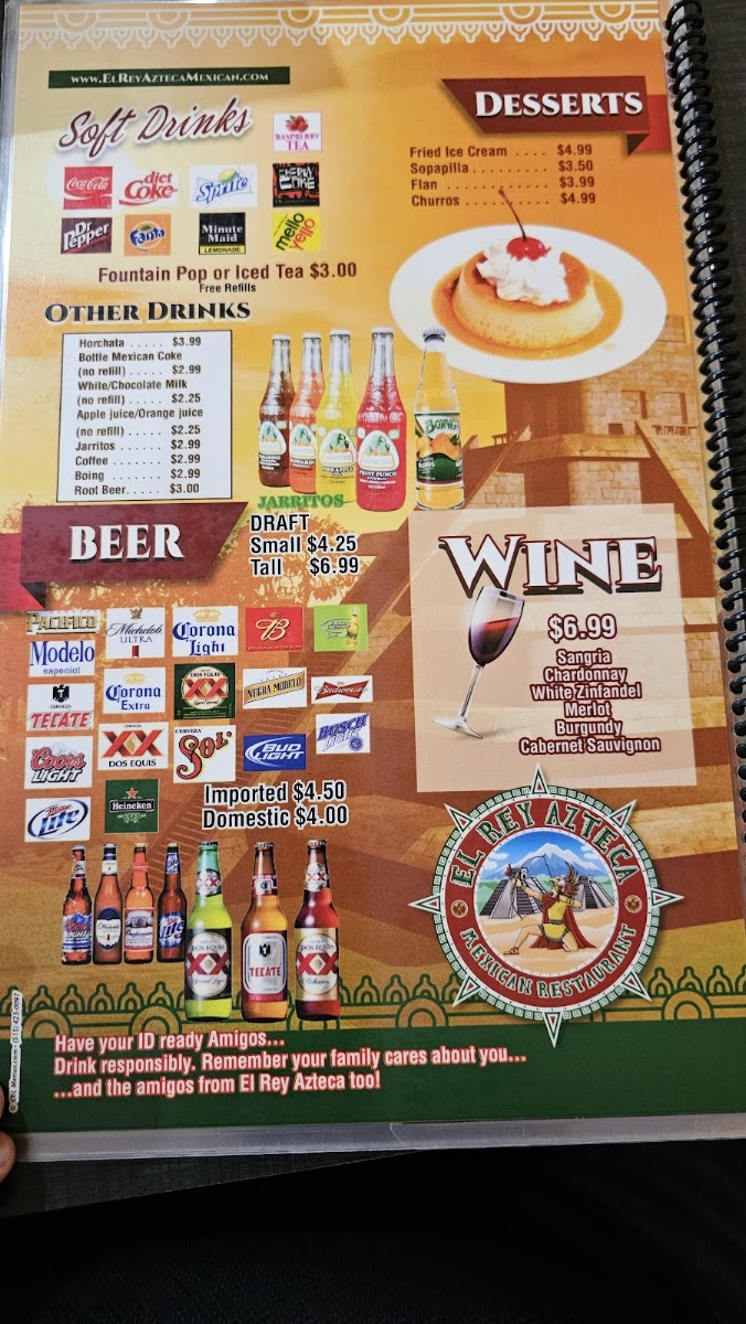 El Rey Azteca Mexican Restaurant menu board