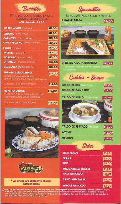El Pueblito Mexican Grill menu board