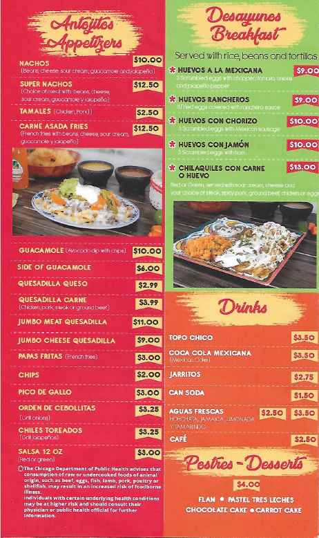 El Pueblito Mexican Grill menu board