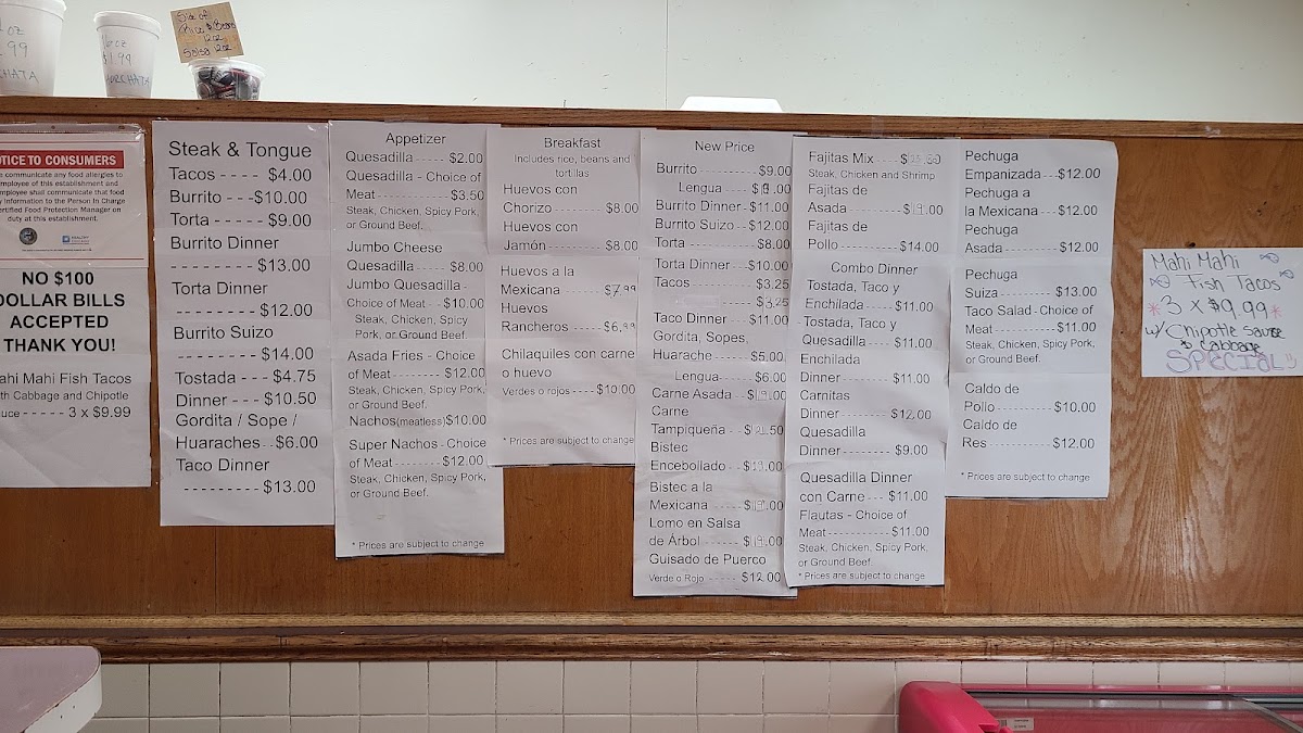 El Pueblito Mexican Grill menu board