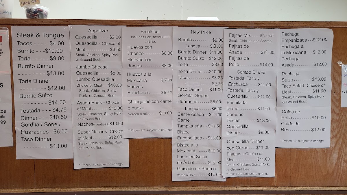 El Pueblito Mexican Grill menu board