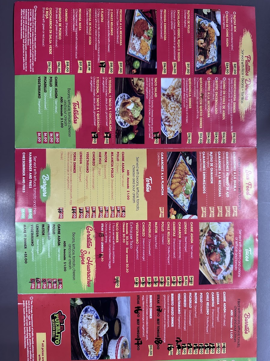 El Pueblito Mexican Grill menu board