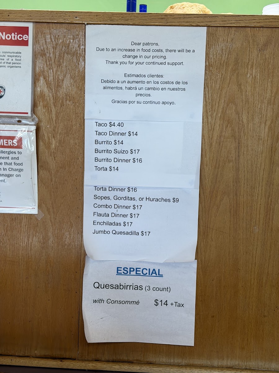 El Pueblito Mexican Grill menu board