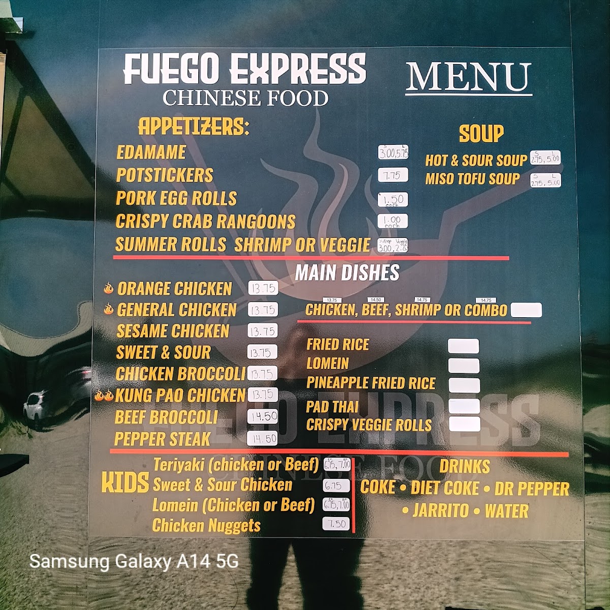 Fuego Express Chinese Food menu board