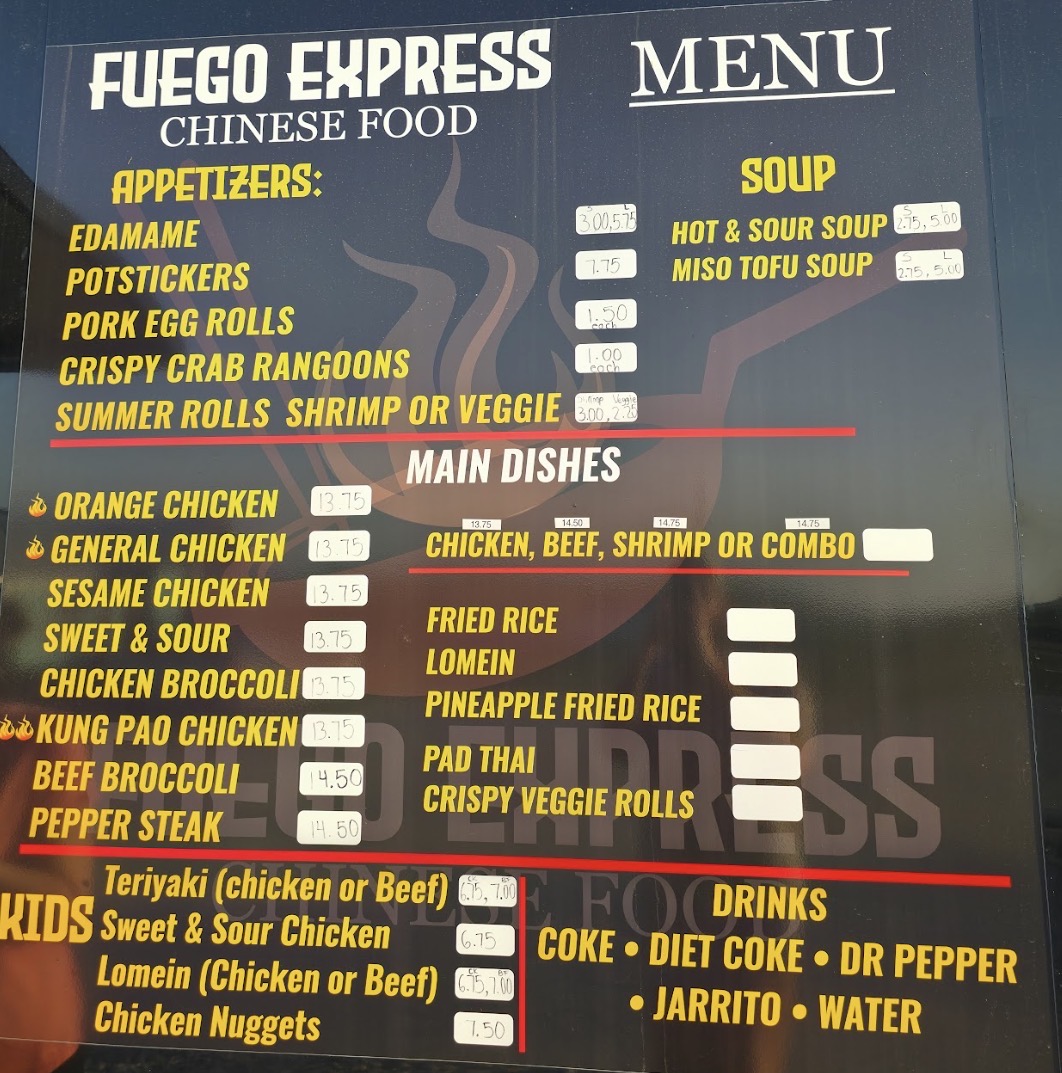 Fuego Express Chinese Food menu board
