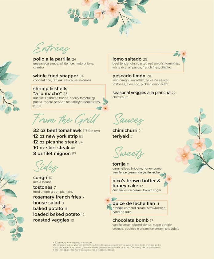 La Brisa Restaurant menu board