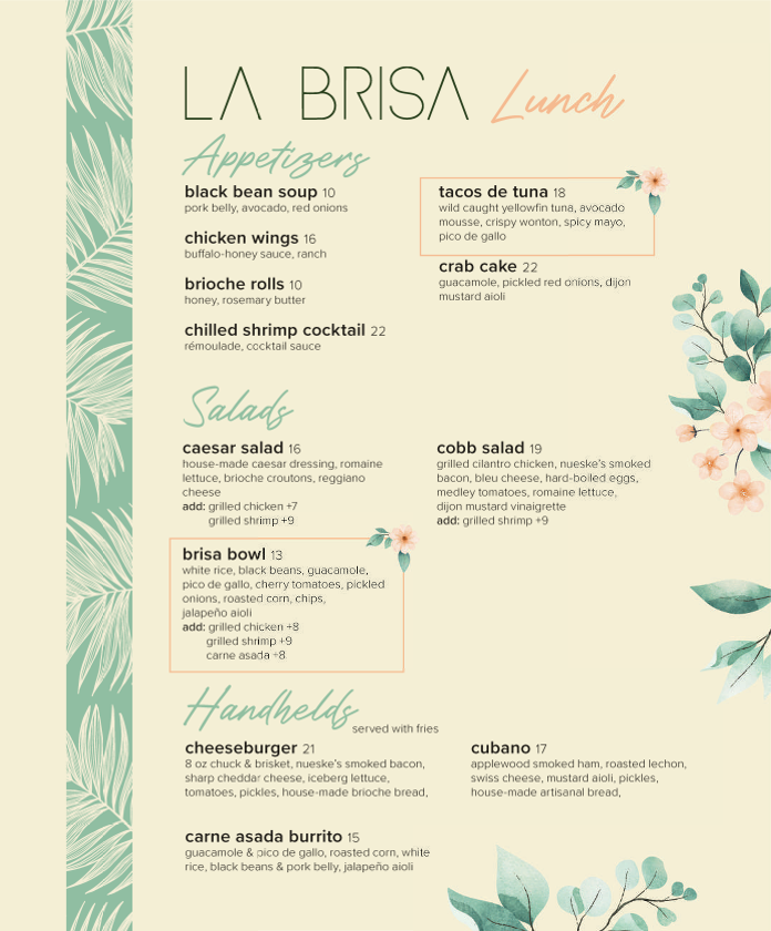La Brisa Restaurant menu board