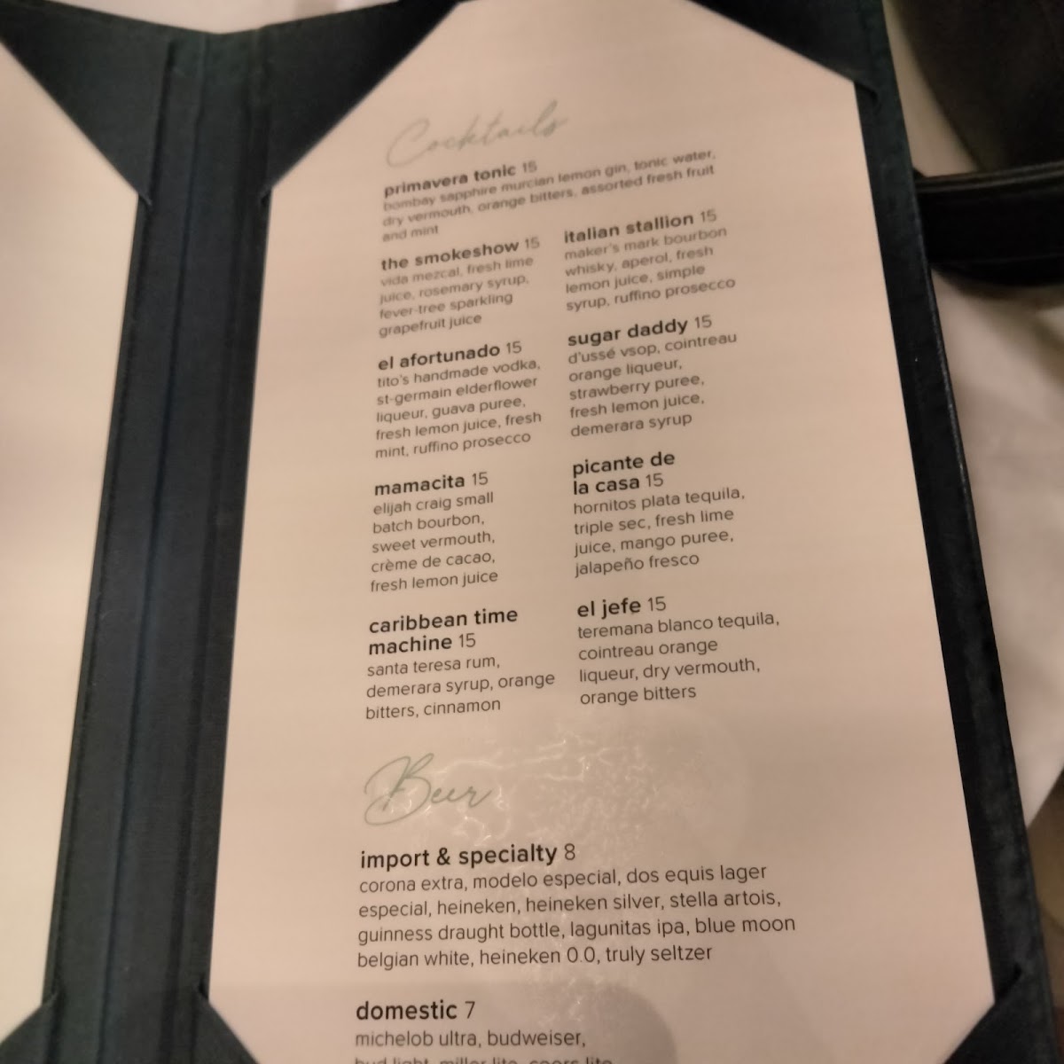 La Brisa Restaurant menu board