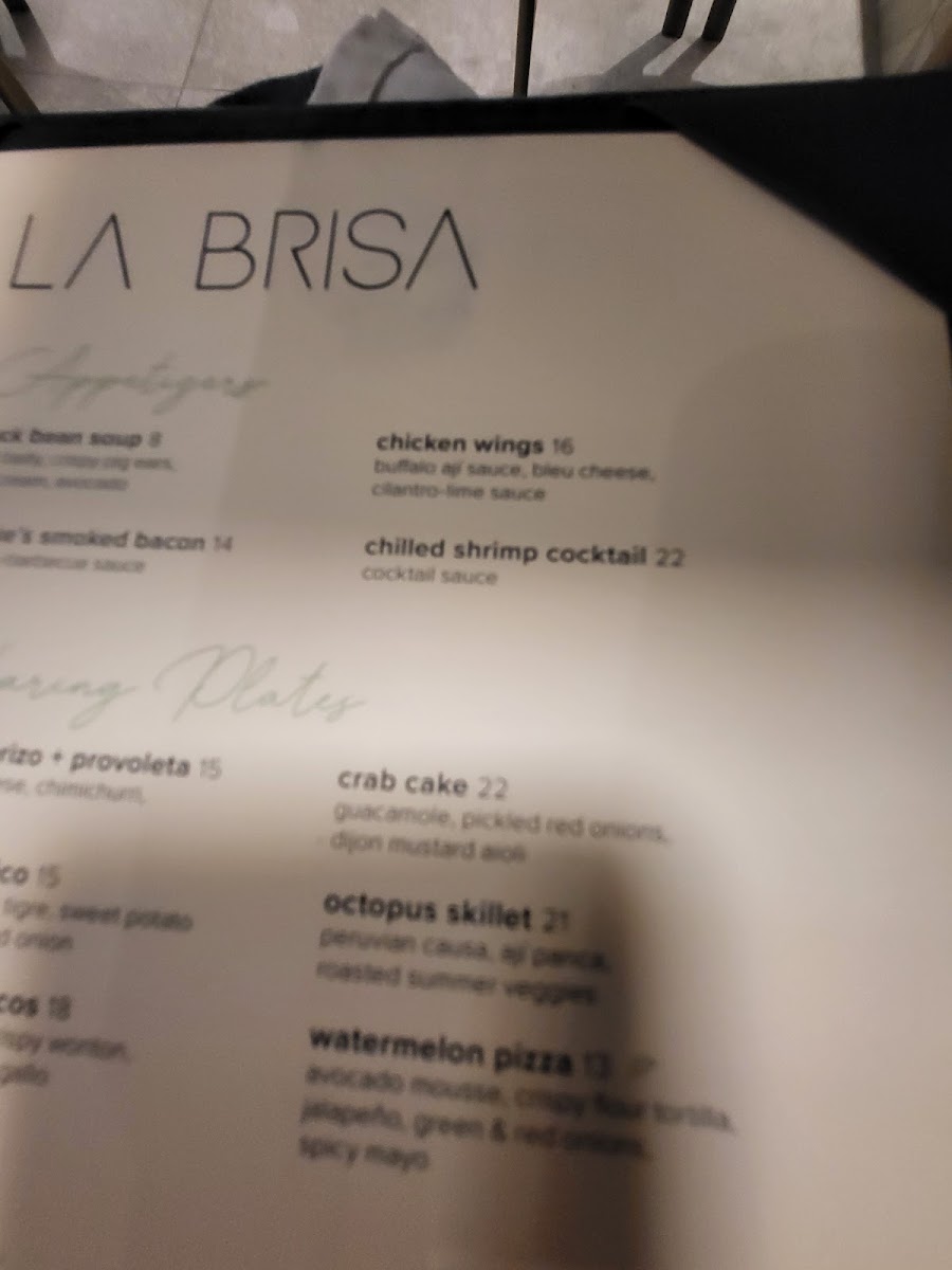 La Brisa Restaurant menu board