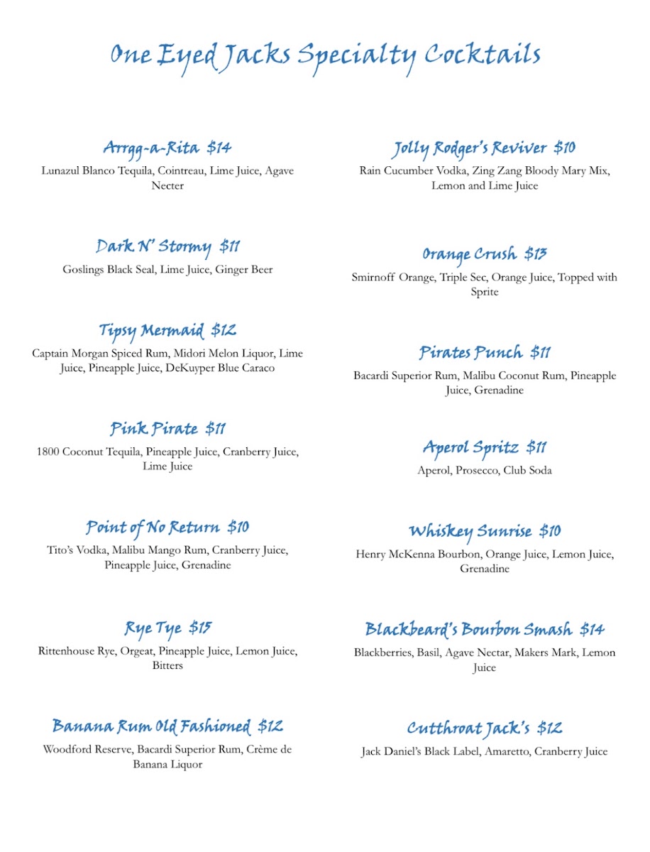 One Eyed Jack's menu board