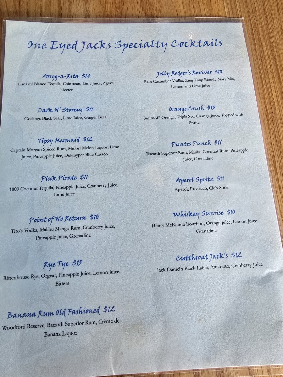 One Eyed Jack's menu board