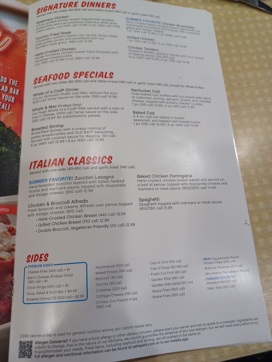 Eat'n Park menu board